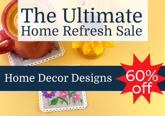 Machine embroidery floral coasters with promotional text 'The ultimate home refresh sale home decor designs 60% off'