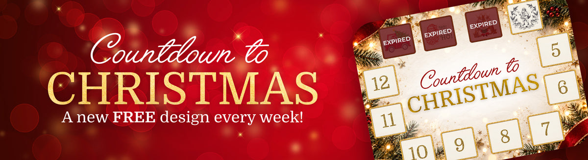 Red background with glowing bokeh, gold and white text saying "Countdown to Christmas A new FREE design every week!" with a decorated countdown calendar showing dates 5 to 12 and three expired markers.