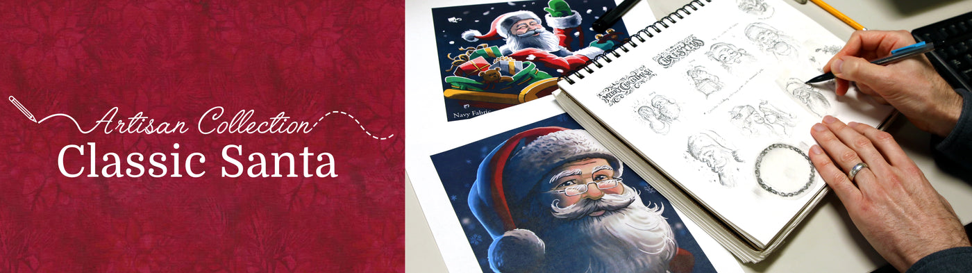 Artisan Collection Classic Santa with artist sketching and machine embroidered product display