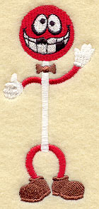 Embroidered lollipop cartoon with a big smile, bow tie, and brown shoes on a beige background; digital embroidery design.