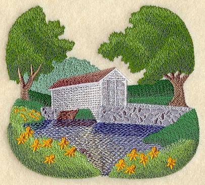 Covered Stone Bridge and Flowers