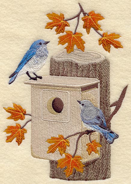 Seasonal Birdhouse - Mountain Bluebirds in Autumn