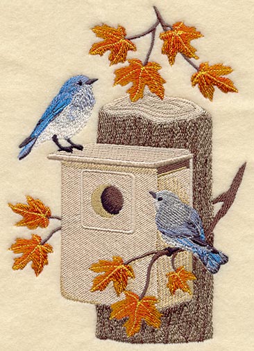 Seasonal Birdhouse - Mountain Bluebirds in Autumn