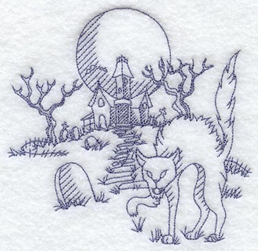 Haunted House with Cat (Redwork)