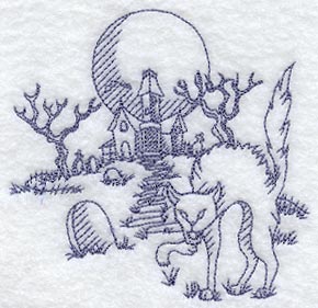 Haunted House with Cat (Redwork)