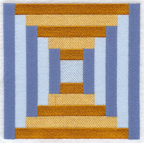 Symmetrical machine embroidery design featuring blue, gold, and light blue rectangles in a geometric quilt block pattern.