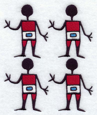 Four figures with red torsos, black limbs, and blue accents appear in a digitally downloadable machine embroidery design.