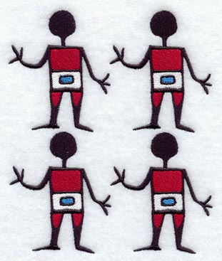 Four red-shirt figures with blue belts in a geometric pattern; downloadable machine embroidery design on white fabric.
