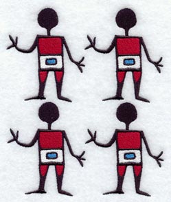 Red abstract human-like figures and blue rectangles arranged on a white field in a digital machine embroidery design.