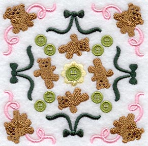 Heirloom Teddy Bears and Ribbons Quilt Block - Lg