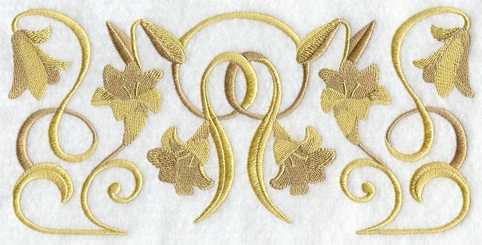 Gold embroidery border featuring swirling vines, detailed lilies, and delicate leaves; digitally downloadable design.