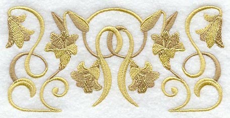 Gold machine embroidery of symmetrical lilies and winding vines in a repeating border pattern; design shown on white fabric.