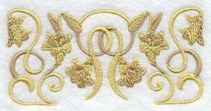 Gold embroidery design with lilies and looping vines on fabric, shown as a digitally downloadable machine embroidery design.
