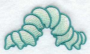 Digitally downloadable machine embroidery design of a segmented caterpillar with teal outlines and light blue fill on white fabric.