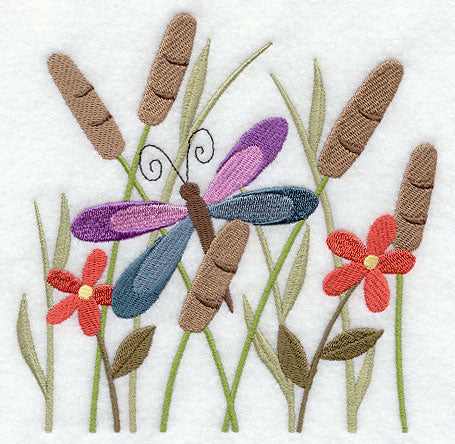 Dragonfly in Flowers and Cattails