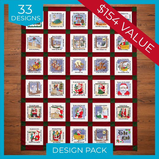 A Christmas-themed design pack featuring a quilted pattern with 33 individual square panels, each containing a different festive illustration. The quilt is displayed on a wooden background with promotional text overlays reading '33 DESIGNS', '$154 VALUE', and 'DESIGN PACK'.