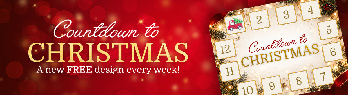 A festive Christmas countdown banner with a red background, gold and white text reading 'Countdown to CHRISTMAS' and 'A new FREE design every week!', plus a sample numbered advent calendar on the right.