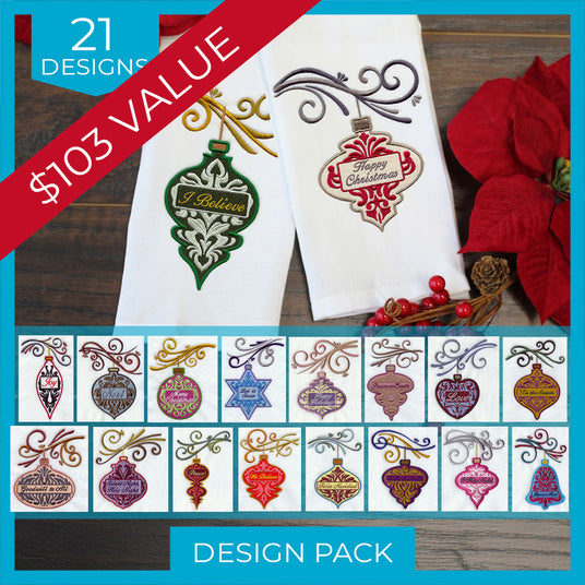 Machine embroidery design pack with Christmas-themed ornaments on tea towels on a wooden surface.