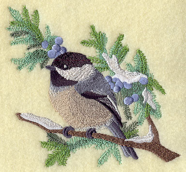 Chickadee in Juniper Boughs and Berries Corner