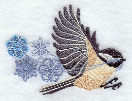 Flying Chickadee with Snowflakes