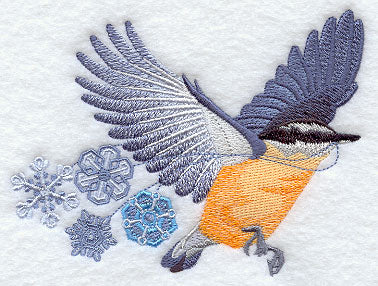 Flying Nuthatch with Snowflakes