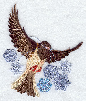Flying Junco with Snowflakes
