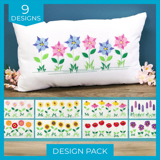 White pillow with machine embroidered floral design and 9 design options displayed below on a blue background.