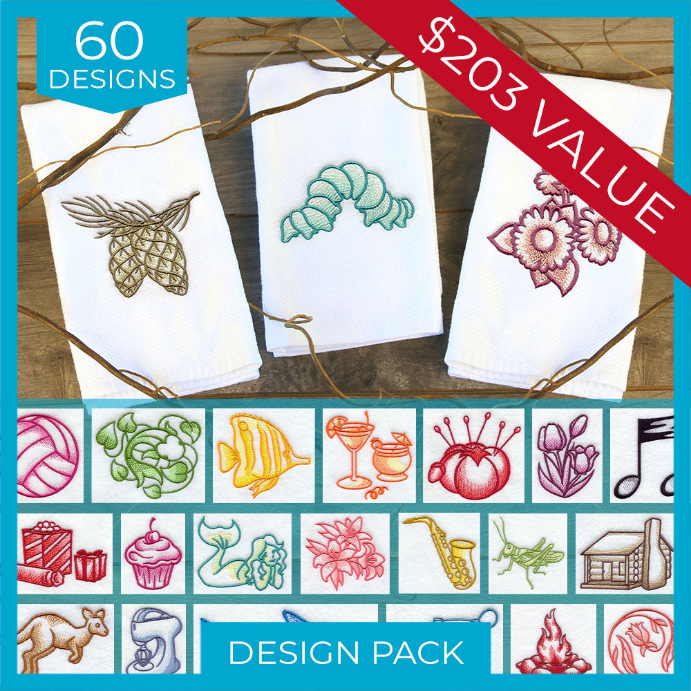 Three white cloths embroidered with a pine cone, a caterpillar, and floral design; digitally downloadable machine embroidery Design Pack.