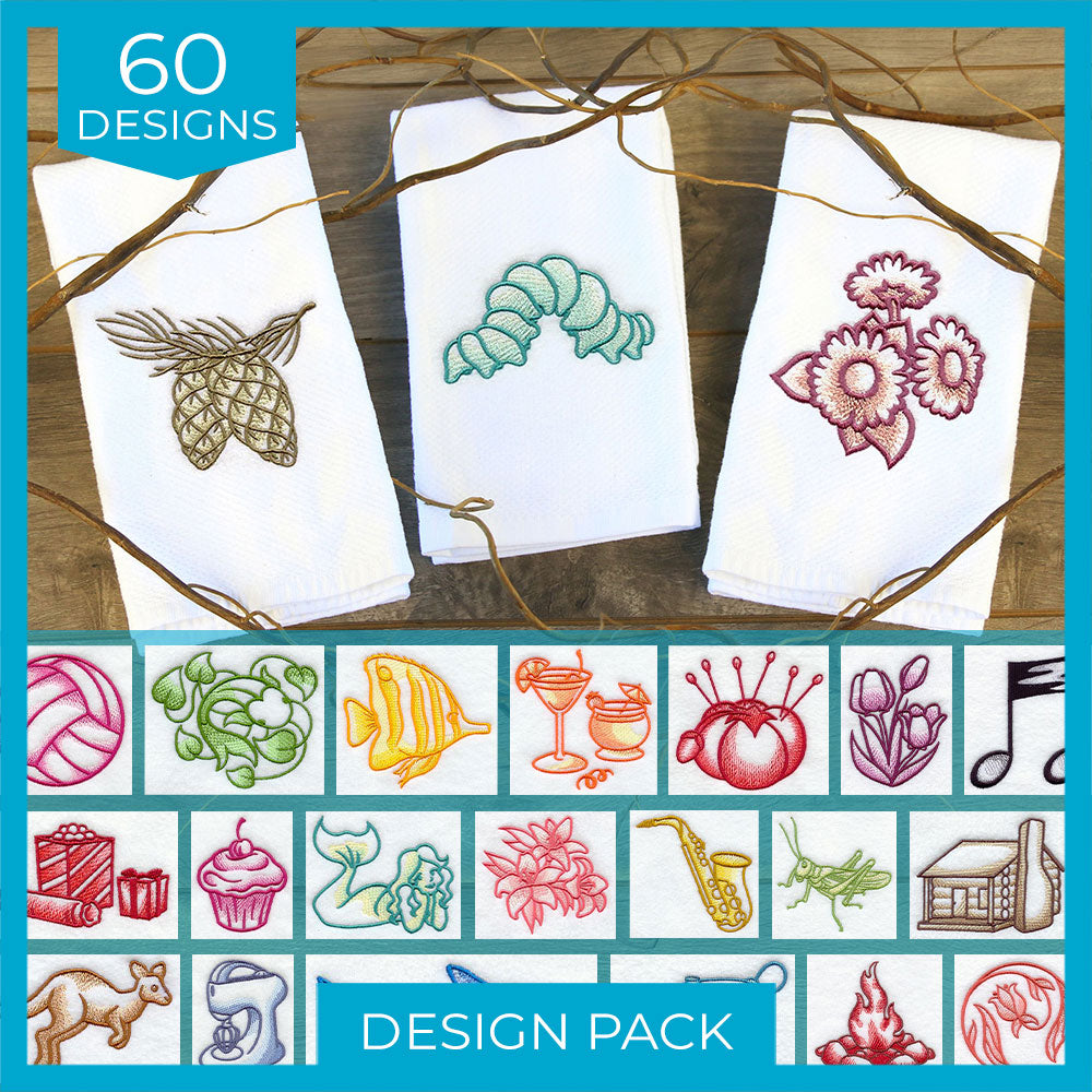 Three white towels feature machine embroidery designs of a pinecone, caterpillar, and flower cluster in brown, turquoise, and burgundy threads.