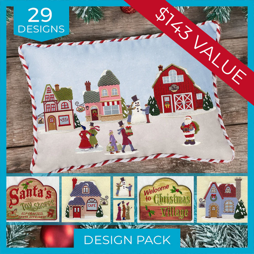 Digitally downloadable machine embroidery Design Pack with colorful village houses, carolers, and snowmen in winter scenes.
