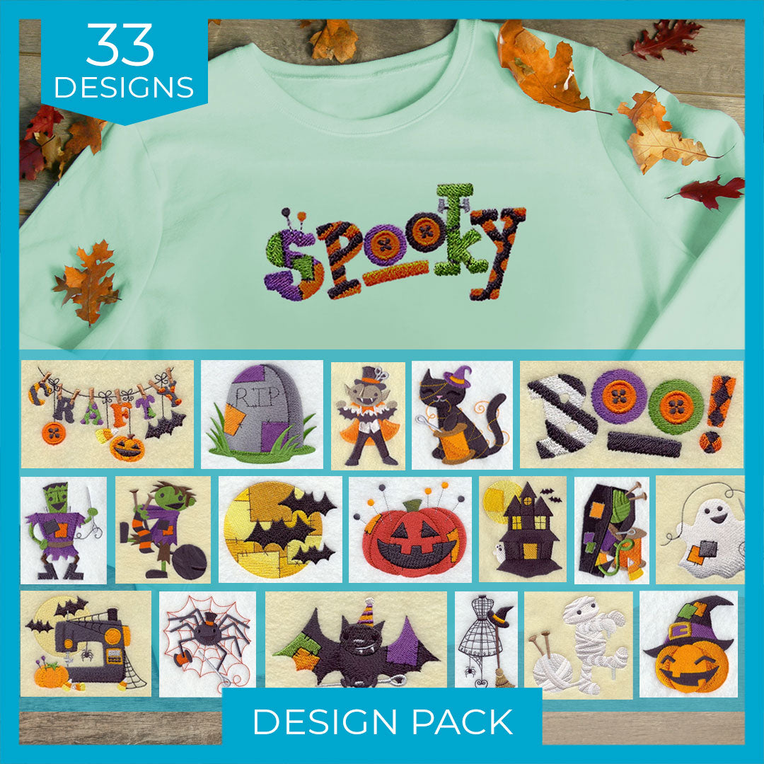 A digitally downloadable machine embroidery Design Pack showing 20 spooky Halloween motifs displayed on a plain background.