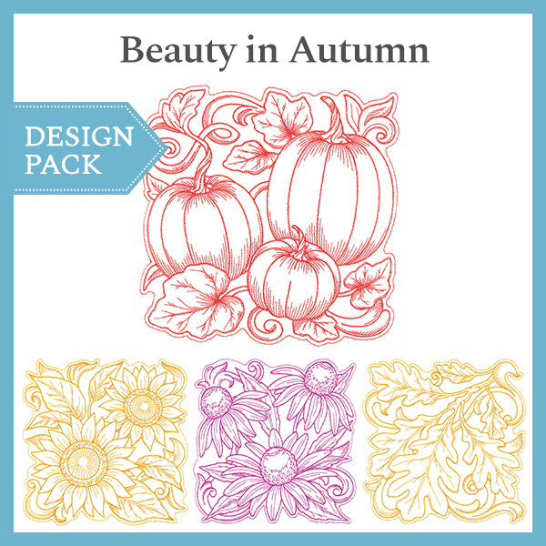 Line art embroidery featuring pumpkins, sunflowers, wildflowers, and oak leaves in a downloadable Design Pack.