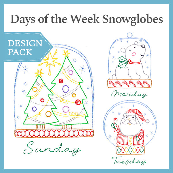 Digital machine embroidery pack: snowglobes—Sunday trees, Monday polar bear, Tuesday Santa with cane.