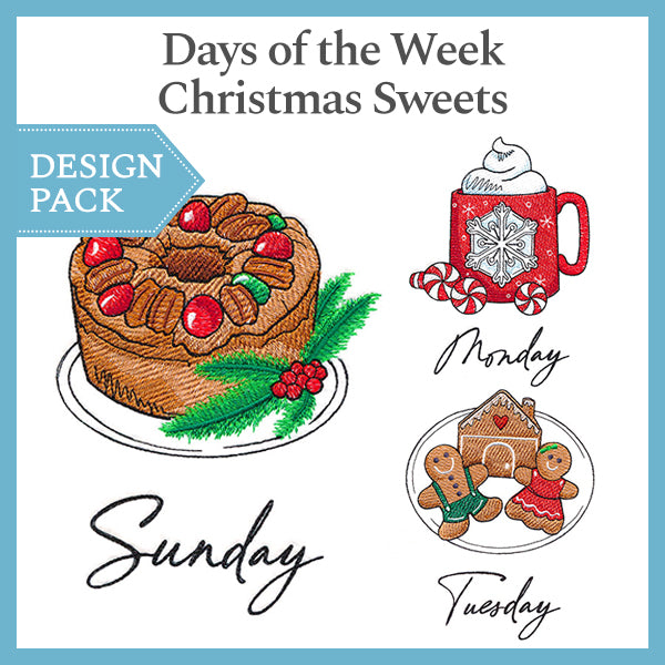 Digitally downloadable machine embroidery Design Pack featuring Christmas sweets and days of the week in stitched designs.