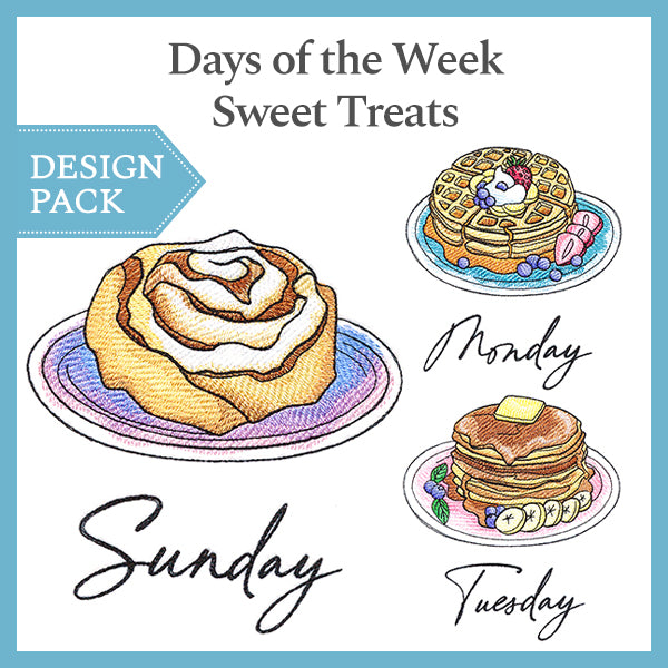 Digitally downloadable machine embroidery designs featuring Sunday, Monday, and Tuesday text with matching sweet treat art.
