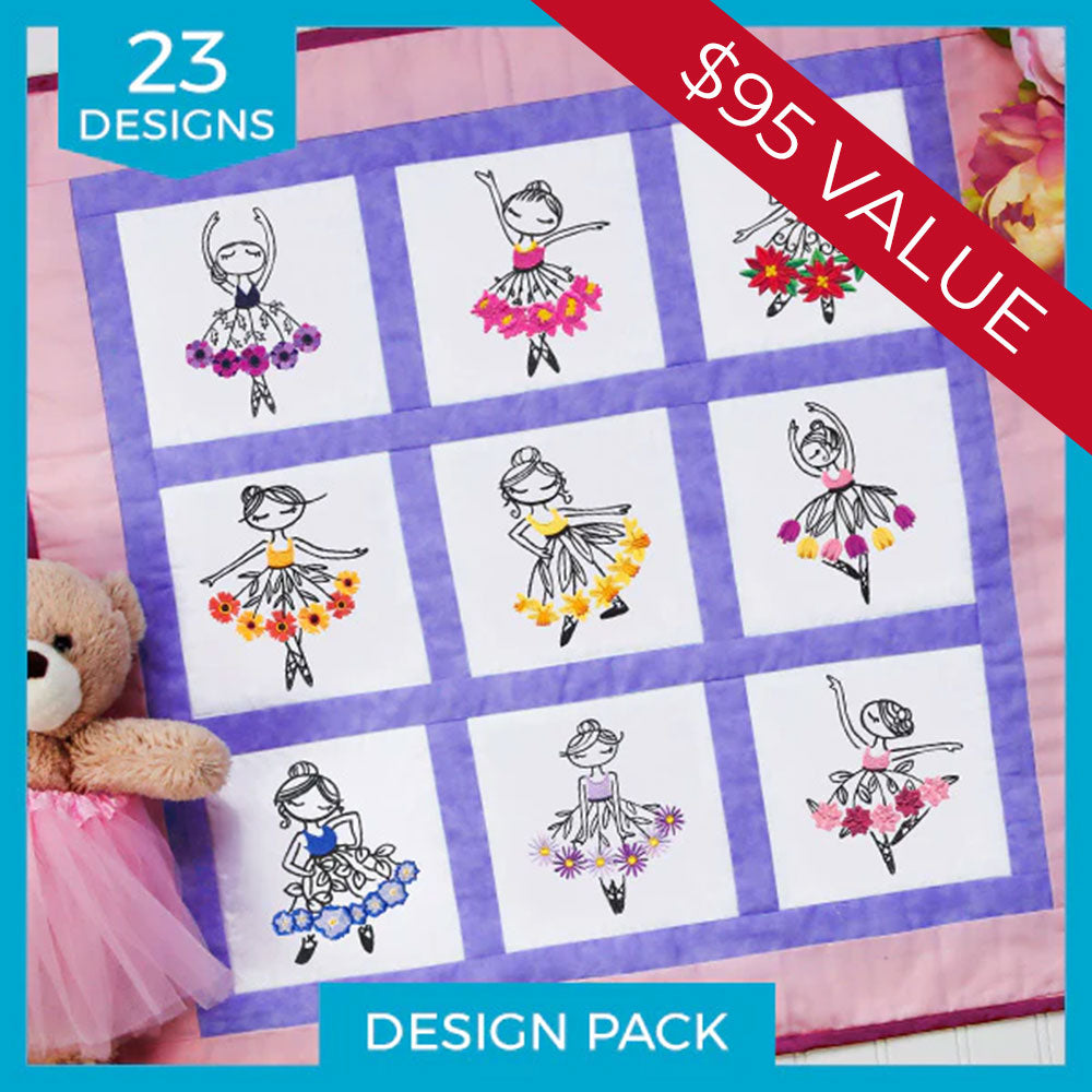 Digitally downloadable machine embroidery design featuring ballerinas dancing in various poses, stitched onto a quilt.
