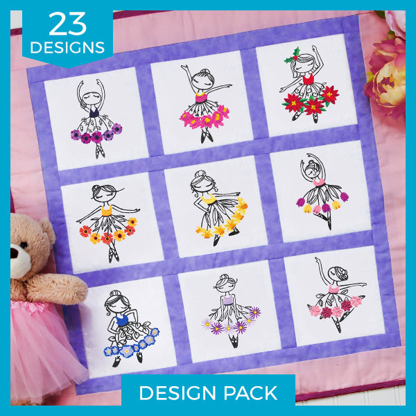 Embroidered quilt with 9 ballerinas in floral skirts and a teddy bear on the left; digitally downloadable design.
