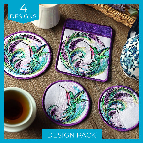 Lavender Hummingbird Coasters, Potholder & Trivet Design Pack