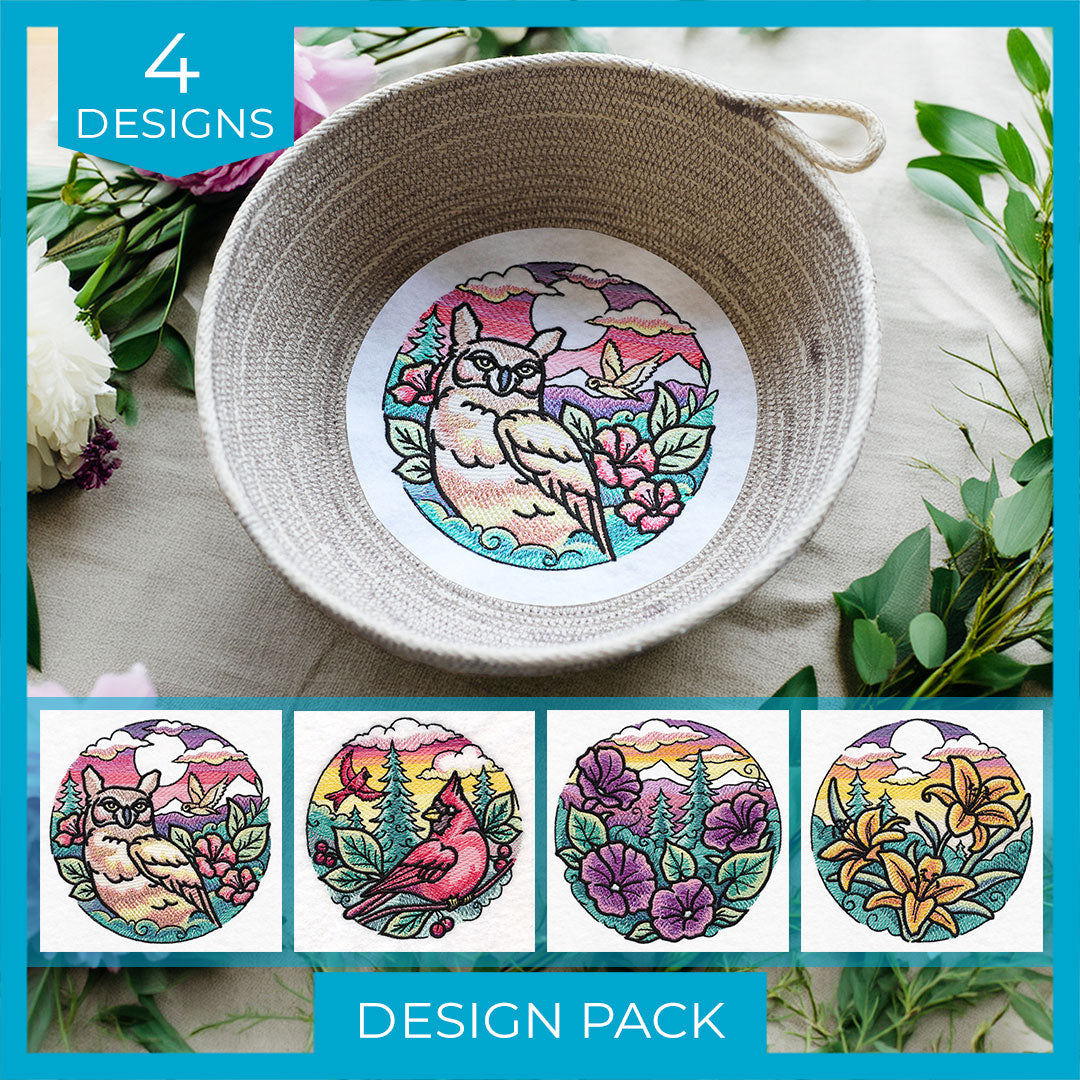 Embroidered owl, birds, and flowers shown as part of a digitally downloadable machine embroidery Design Pack.