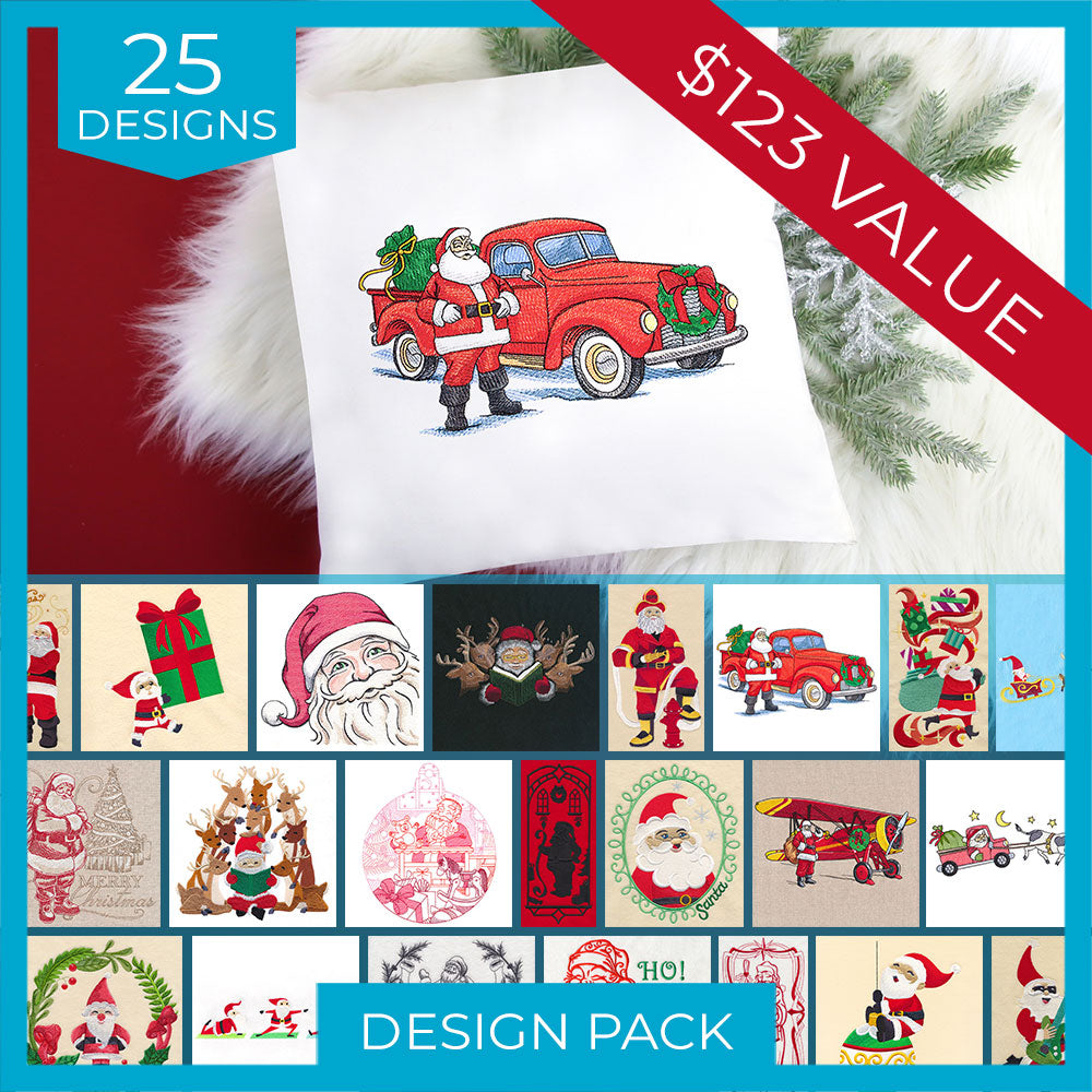 Digitally downloadable machine embroidery Design Pack featuring 25 colorful Christmas designs including Santa, reindeer, gifts, and festive vehicles.