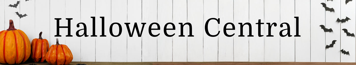 Halloween-themed banner with pumpkins, bats, and 'Halloween Central' text on a wooden background.