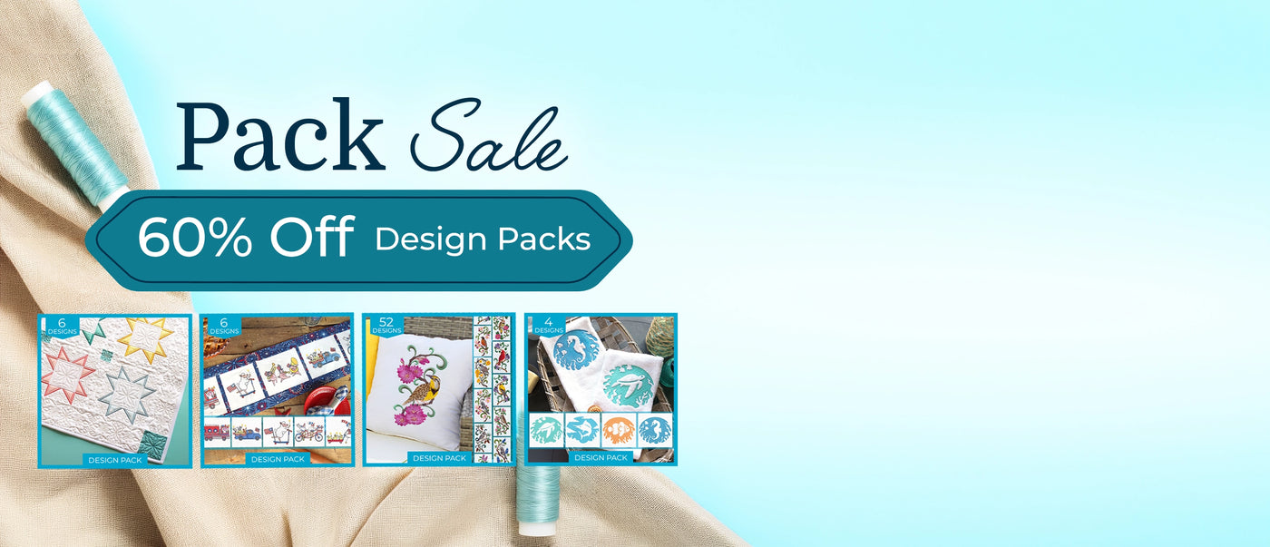 Promotional banner for a pack sale with design packs and 60% off text on a light blue background.