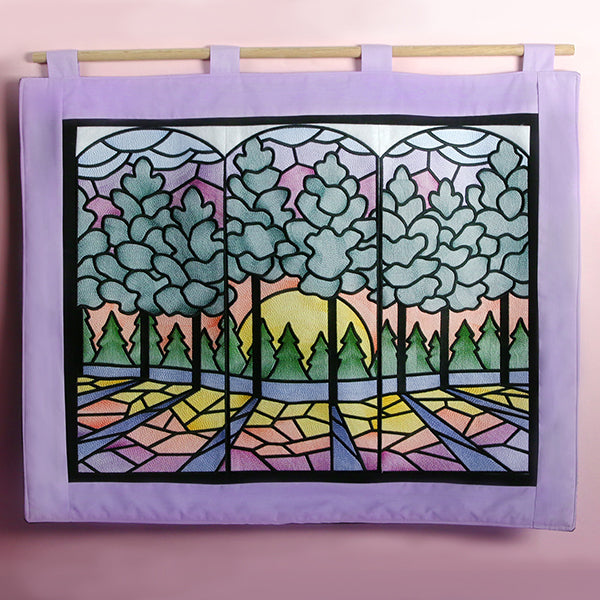 Stained Glass Sunset Scene - 3 Panel