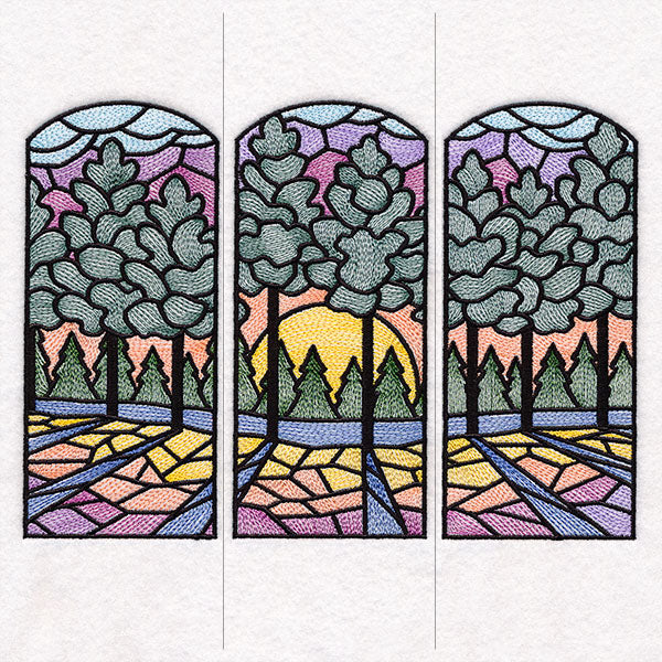 Stained Glass Sunset Scene - 3 Panel