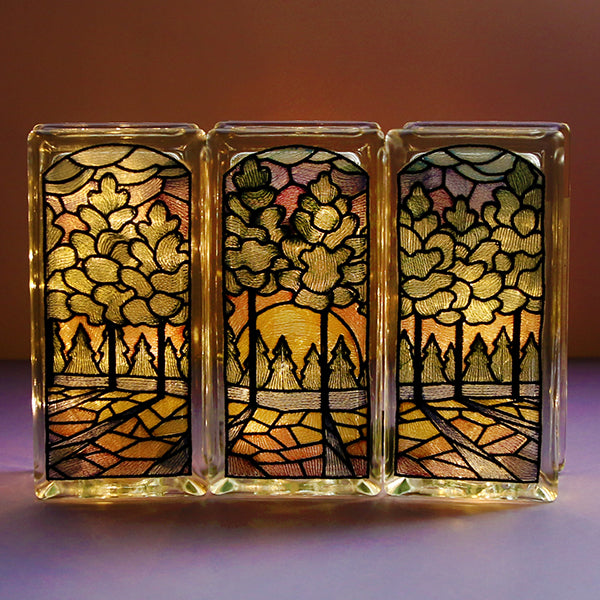 Stained Glass Sunset Scene - 3 Panel