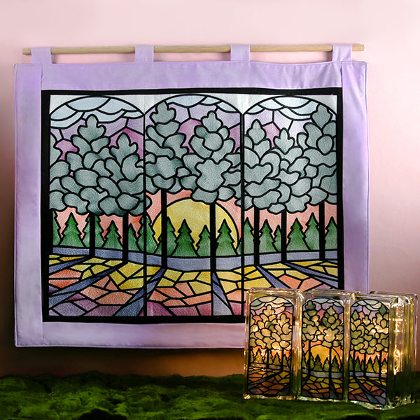 Stained Glass Sunset Scene - 3 Panel