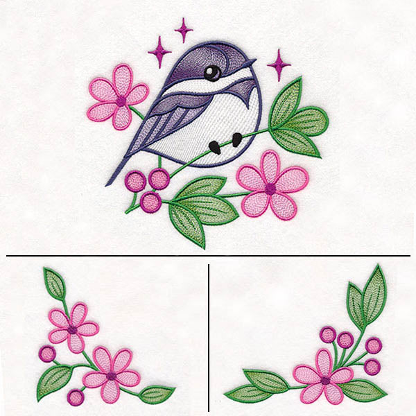 Chickadee and Blooms Pillow Pair