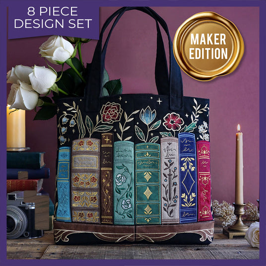 Decorative tote bag with book design and floral elements on a purple background, featuring 'Maker Edition' label.