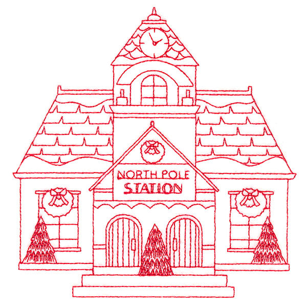 Christmas Village Scenes - Train Station (Redwork)