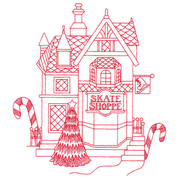 Christmas Village Scenes - Skate Shop (Redwork)